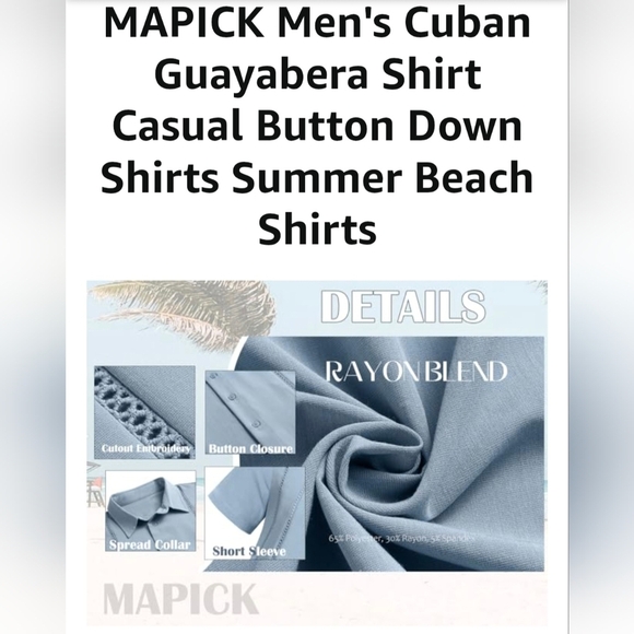 MAPICK Men's Cuban Guayabera Casual Beach Shirt #864-867 - Picture 9 of 10